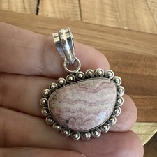 VTG Artisan Pendant 1.625 Inch Pink Banded Rhodochrosite Cab 925 Sterling 6.9g picture