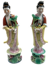 Pair Vintage Chinese Porcelain Quan Yin Statues 8.5” Hand Painted Sculptures picture