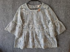 POL Boho Floral Embroidered Lace Mesh Top L Pastel Gray Bell Sleeve Romantic picture