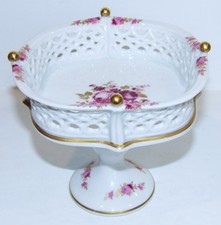 WALLENDORF GERMANY PORCELAIN ROSES/GOLD ACCENTS OPEN WORK RETICULATED COMPOTE picture