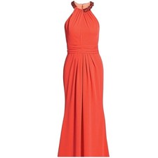 THEIA Coral Draped Halter Jeweled Neckline Lightweight Crepe Gown Ruched Size 12 picture