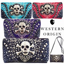 Rhinestone Skull Punk Crossbody Wallet Women Wristlet Trifold Clutch picture