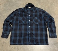 Vintage 60s 70s Penneys Towncraft Shadow Plaid Loop Collar Shirt Sz Large Blue picture