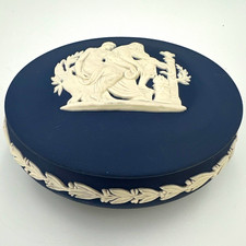 Vintage Wedgwood Dark Blue Jasperware Greek Figures Lidded Trinket Box 4in picture