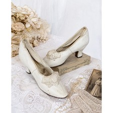 Antique Edwardian White Kid Leather Wedding Shoes 1905-1915 Silk Rosette Bridal picture