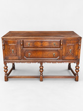 Antique Sideboard Buffet Dark Wood Carved Panels Turned Legs picture