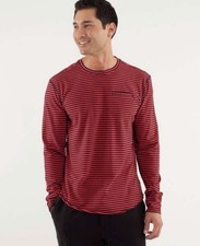 Lululemon Five Year Basic XL Long Sleeve Shirt Red Blue Stripe Pocket Crewneck picture