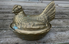 HEAVY Large vintage and rare brass hen on nest picture