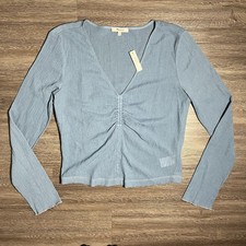 Madewell Semi-Sheer Shirred V-Neck Top Women's L Tranquil Lake Blue NM646 NWT picture
