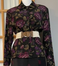 Vtg 80s Briggs Blazer Blouse Sz L Black Purple Floral Button Up Career  Classic picture