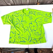 Vintage 80s 90s Neon Green All Over Print Floral Splatter T-Shirt Made USA OSFA picture