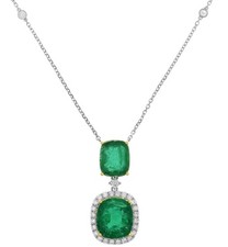 LARGE 7.57CT DIAMOND & AAA EMERALD 18K 2 TONE GOLD CUSHION & ROUND LOVE NECKLACE picture