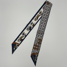 Hermes Les Voitures Nouvelles Twilly Scarf Navy White Carriage Checker  picture