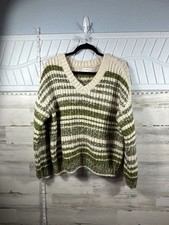 Wonderly Green and Beige Striped V-Neck Knit Pullover Sweater Size S picture