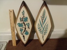 2 Vintage MCM Syroco Diamond Shaped Botanical Wall Plaques White & Blue B-4273 picture