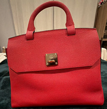MCM Red Pebbled Top Handle Satchel Push Lock, Detachable Strap, Pockets picture
