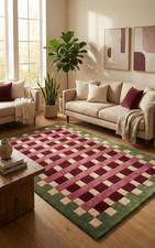 Hand Tufted Wool Rug, Geometric Modern Area Carpet, Burgundy Pink Green Carpet picture