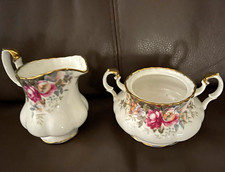 Fine China Japan Floral Porcelain Creamer & Sugar Bowl Set White Gold Trim picture
