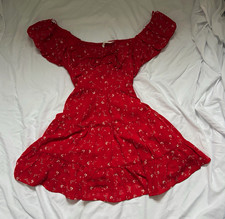 Lush Red Floral Off Shoulder Smocked Puff Sleeve Mini Dress Women’s S picture