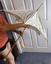 Early American Victorian Embroidered Real Irish Linen Wooden Handle Parasol  picture