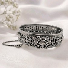 Vintage Freirich Silver Tone Filigree Hinged Bracelet Safety Chain Signed picture
