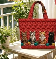 Brilliant Red & Multicolor Lg Tote Featuring 4 Cute Cats, Multipurpose,fabric  picture