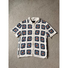Massive Luxury Edition Mens XL Crochet Granny Square Button Down Shirt White picture