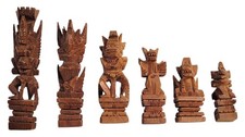 Vtg Hand-Carved Balinese Chess Set – Intricate Hardwood Pieces w/ Board Hindu... picture