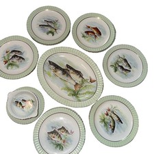 Antique B&C Limoges France Fish Service 14 Pc 12 Plates Platter Sauce Boat Gold picture
