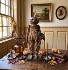 Primitive Handcrafted Halloween Jack-O Lantern Doll on Stand 18
