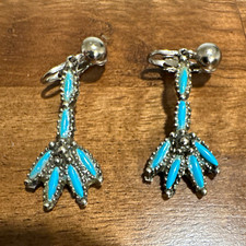 ⁠Vintage Native American Zuni Turquoise Needlepoint Dangle Clip On Earrings picture