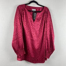 Catherines Satin Jacquard Peasant Blouse Size 2X Pink Animal Print Stretch picture