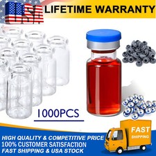1000Pcs 10ml Vials Glass Clear w/ Plastic-Aluminum Caps and Rubber Stoppers USA picture