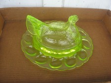 LARGE FENTON URANIUM GLASS EGG PLATE HEN ON NEST picture