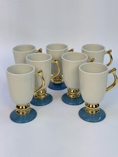 Vintage Hall China 1273 Irish Coffee Mugs Teal Blue Gold Trim Set of 7 USA picture