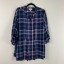 Catherines Button Up Tunic Size 1X Pintuck Navy Purple 3/4 Sleeves Rayon picture