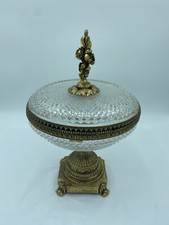 French Cut Crystal Mounted Gilt Bronze Pedestal Bowl With Lid - 2 Pc picture