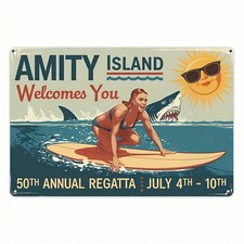 Amity Island Welcomes You Metal Sign Jaws Retro Beach Wall Art Decoration Gift picture