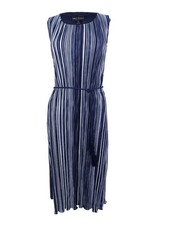 Connected Women's Striped Pleated Belted Dress (8, Indigo) picture