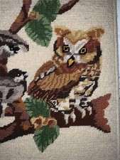 VTG FINISHED NEEDLEPOINT Owl birds 70’s HANDMADE FOLK ART 12” X 14” picture