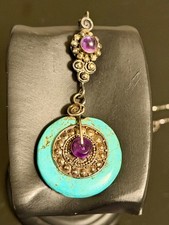Vintage 925 Sterling Silver Turquoise Amethyst Pendant Necklace Italy Chain Boho picture