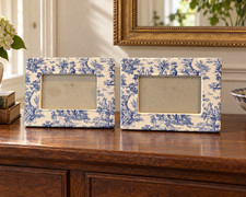 VTG Porcelain French Toile de Jouy Picture Frames Blue & White Pastoral Set of 2 picture