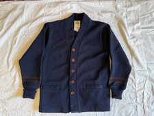 Dehen 1920 Medium Navy Wool Cardigan w Brown Stripe - EUC - Made in USA Ivy picture