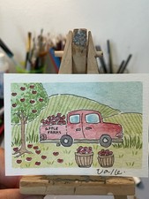 ACEO Little Red Truck Apple Farm Orchard Watercolor Painting Original Signed picture