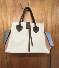 Let & Her Canvas Leather Medium Tote Bag Olive Silver Lether Slouchy Beach picture