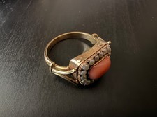 Pretty Antique Georgian Solid Gold Carnelian Cabochon Pearl Floral Ring 1800 S 8 picture