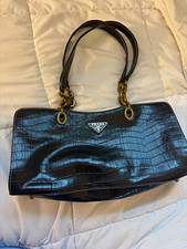 PRADA Black Crocodile Pattern Shoulder Bag Zip Gold Hardware Logo Inner Pockets picture