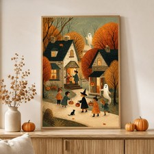 Vintage Spooky Fall Trick‑or‑Treat Kids Halloween Town Framed Canvas Mantel Art picture