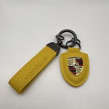 NEW - Custom Leather Porsche Emblem Crest Yellow Gunmetal Car Keychain Set Gift picture