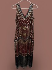 Babeyond 1920s Flapper Dress Burgundy Gold Sequin V-Neck Gatsby picture